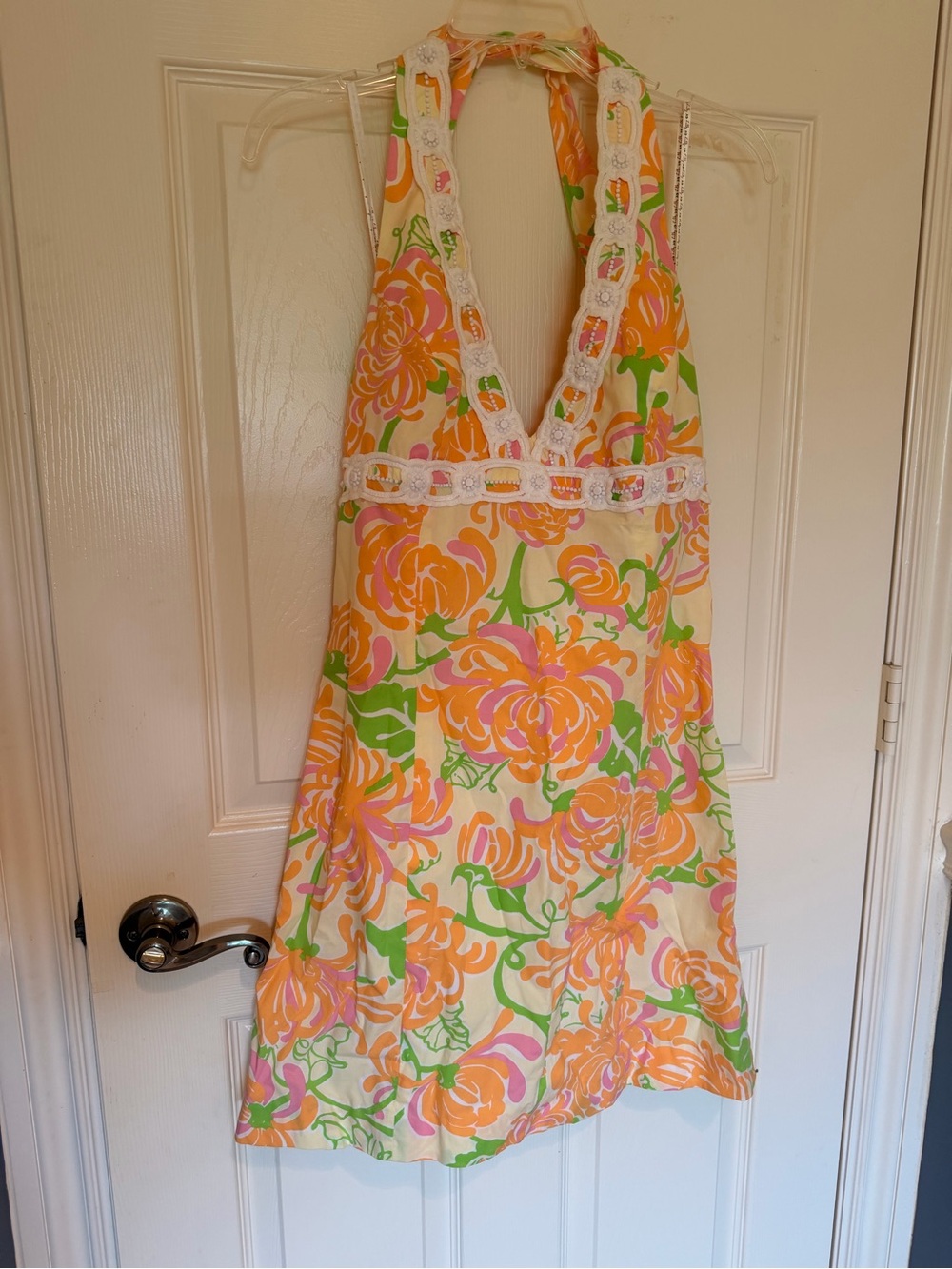 Lilly Pulitzer Floral Halter Dress in Orange, Pink, Green on Cream
